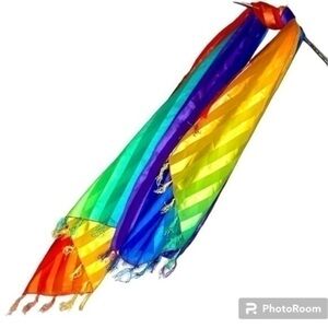 RAINBOW 🌈 SCARF | RAINBOW STRIPED SHEEN AND SHEER SCARF WITH FRINGE, 40”X60”